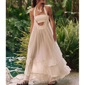 Free People Free-Est Kauri Maxi Dress Gauzey Smocked Halter Tiered Lace L 288258